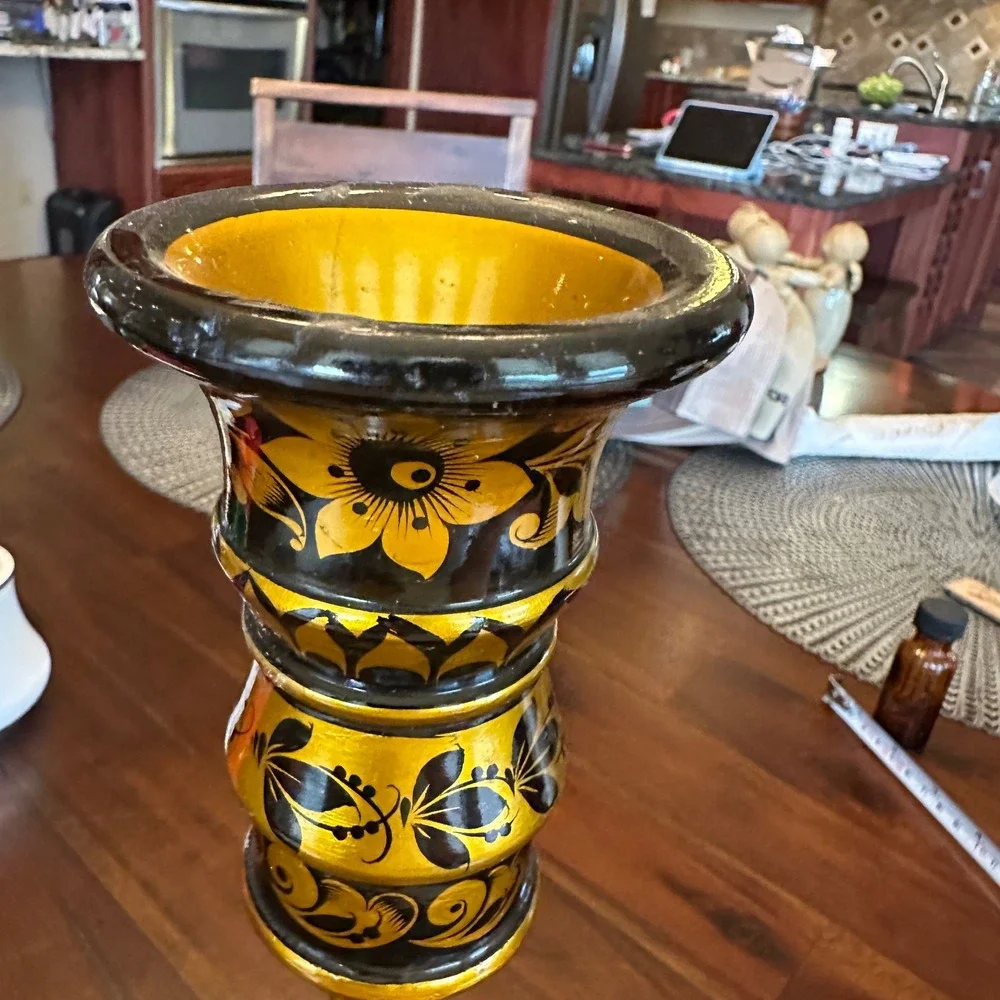 Khokhloma Candlestick Vintage Russian Folk Art Black‎ Gold Floral Lacquered Wood